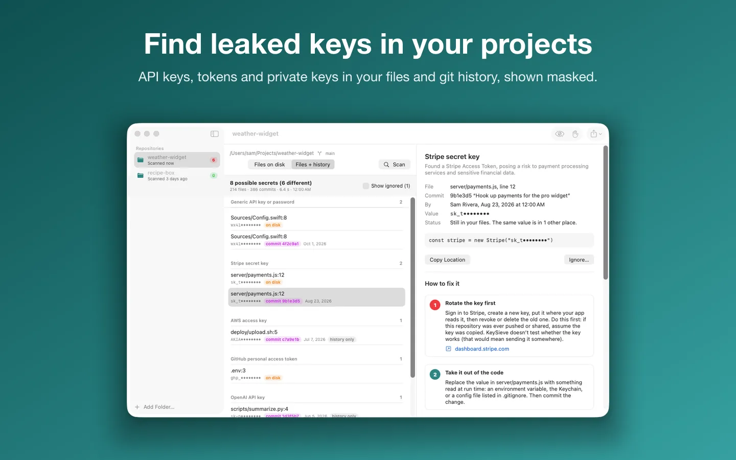 Findings in a sample project, masked, with a Stripe key selected and its fix steps