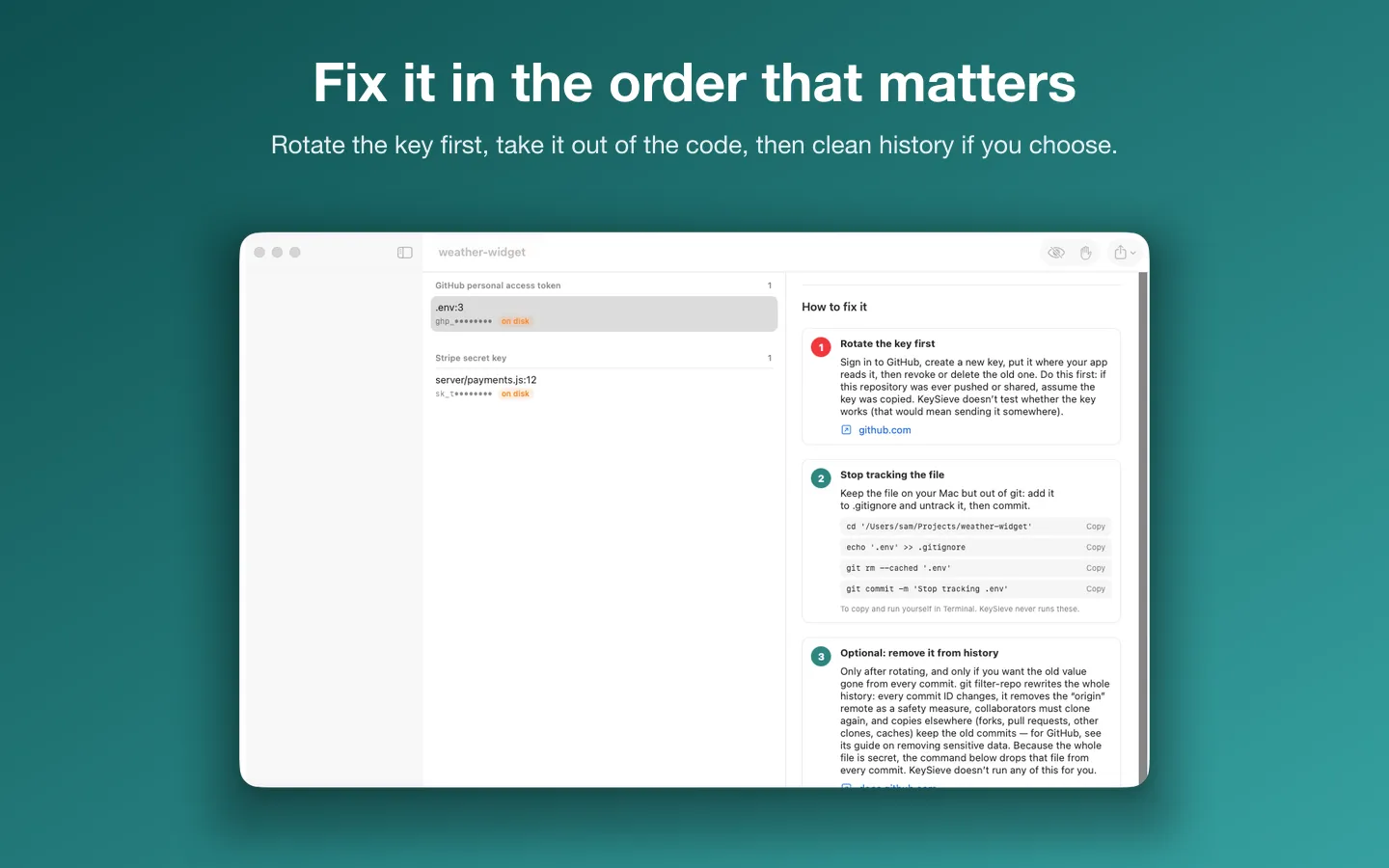 How to fix a leaked token: rotate it, stop tracking the file, then optionally remove it from history