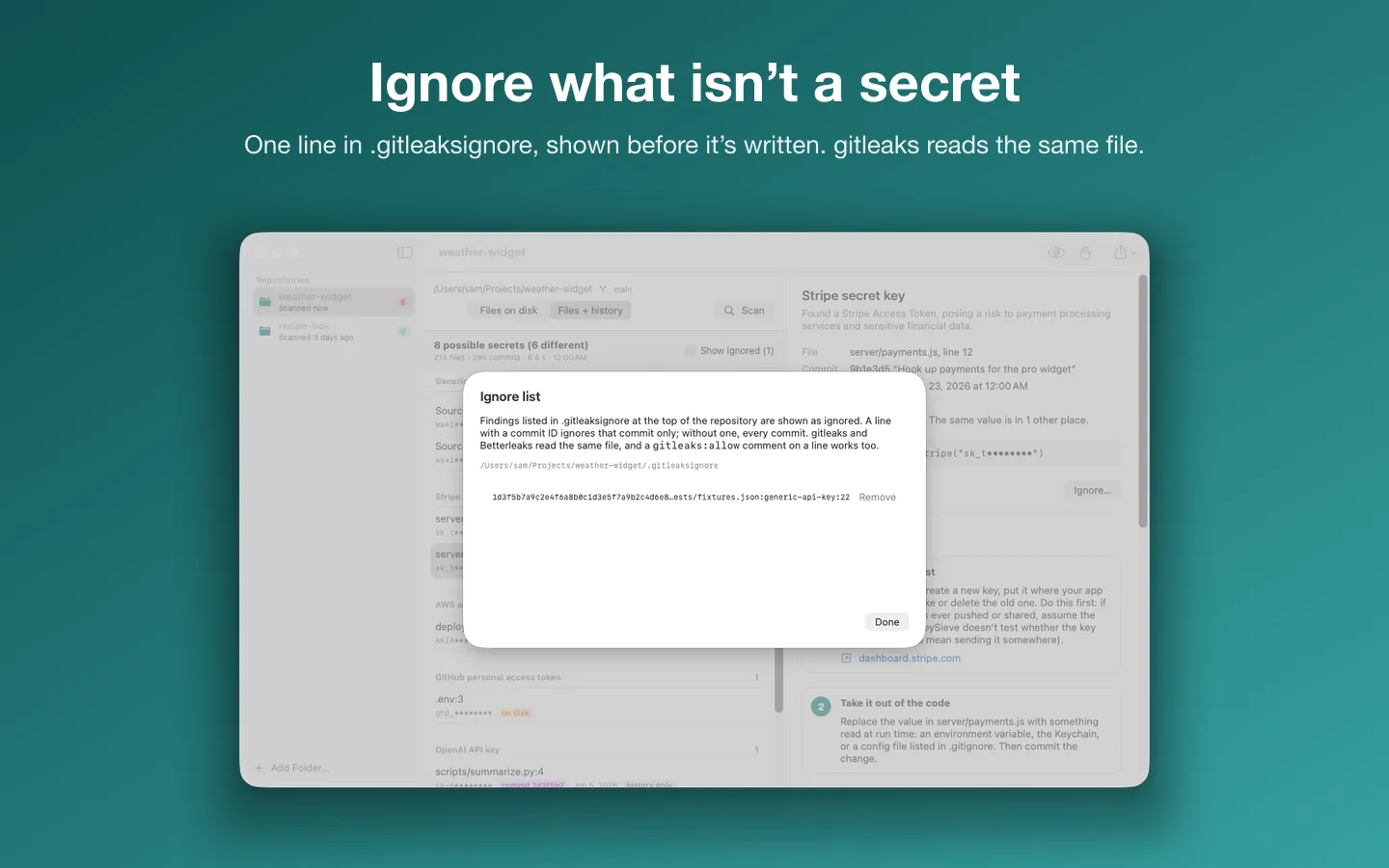 The ignore list, with the line KeySieve writes to .gitleaksignore