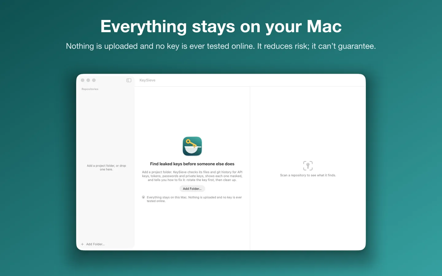 The start screen: add a project folder; everything stays on this Mac
