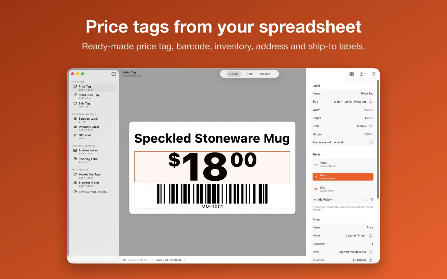 A price tag made from a spreadsheet row: the item’s name, a big price and its barcode