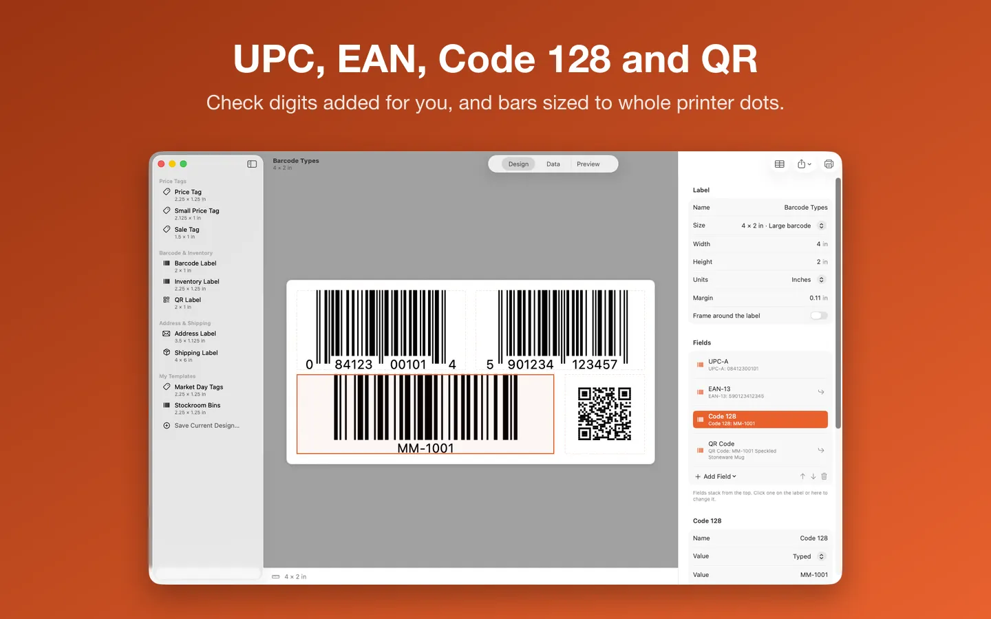 UPC-A, EAN-13, Code 128 and QR barcodes on one label