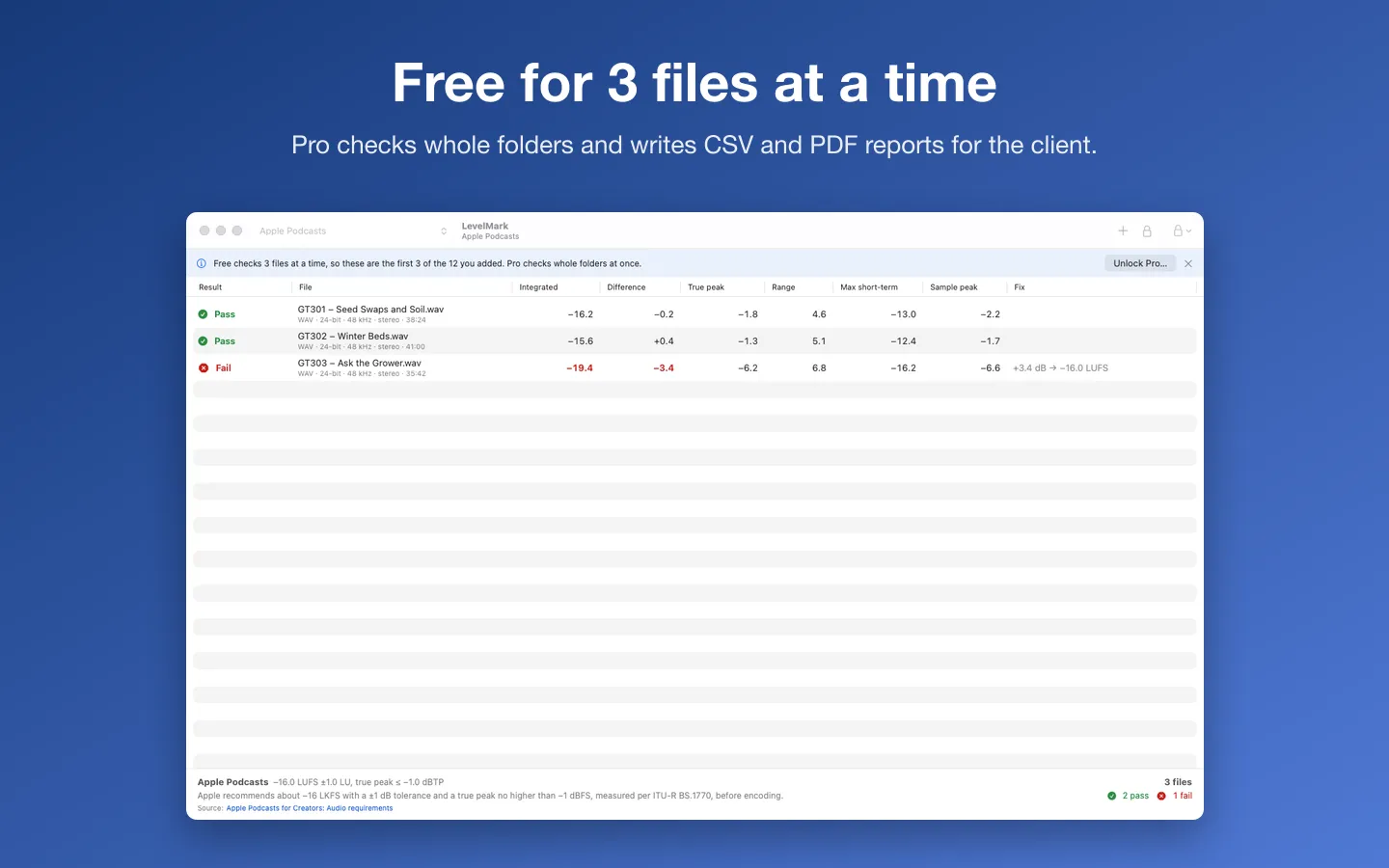 The free version checking the first 3 of 12 files, with a note that Pro checks whole folders