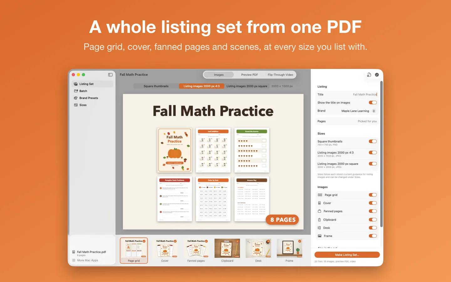 A made-up worksheet pack turned into a page grid listing image, with the sizes and outputs to make
