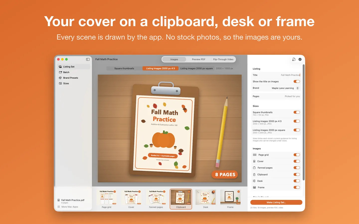 The pack’s cover on a clipboard, on a desk and in a frame, drawn by the app