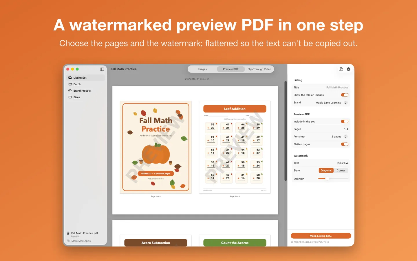 A watermarked preview PDF with the pages and watermark chosen