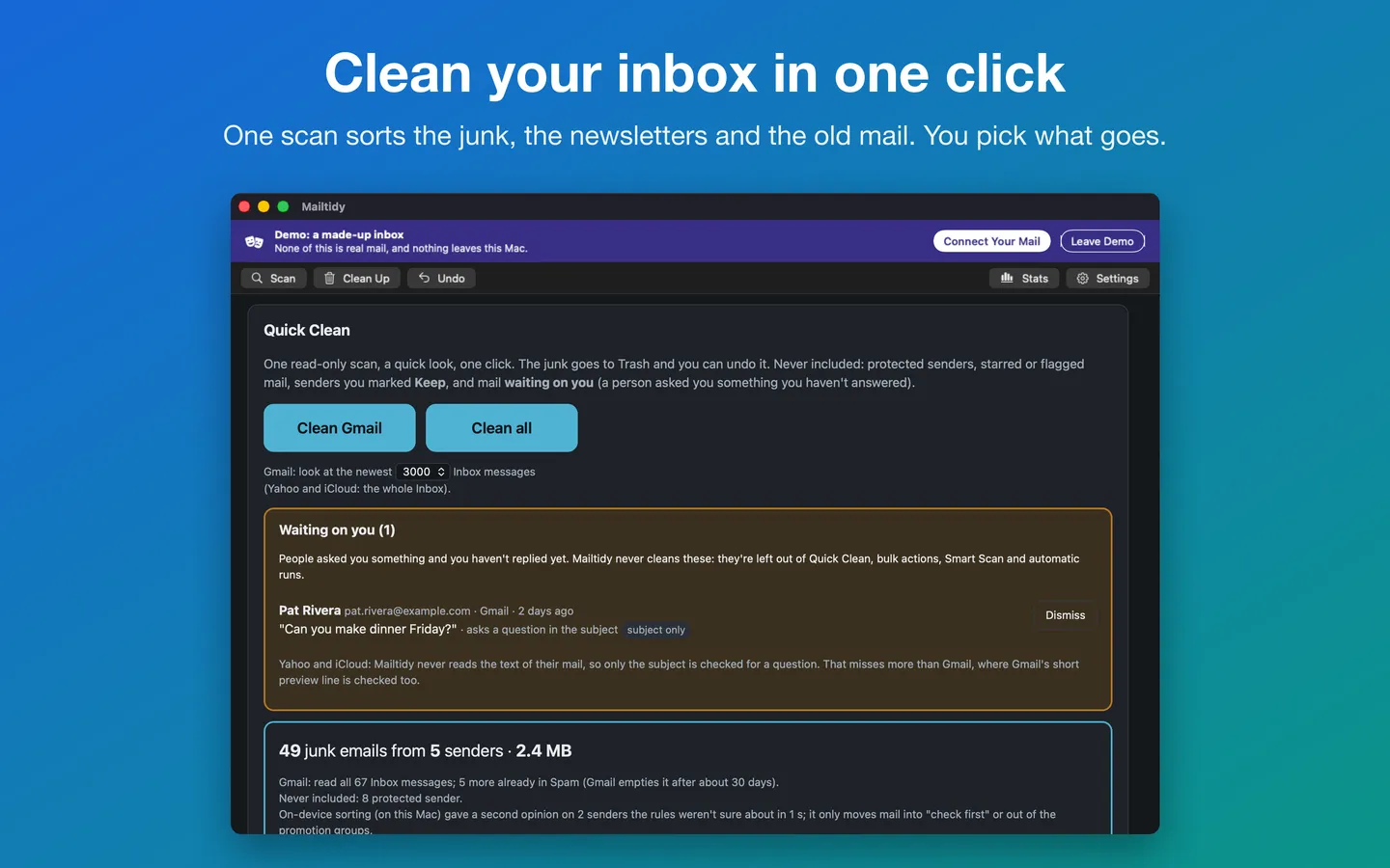 Clean your inbox in one click: Quick Clean on a made-up inbox, with junk grouped by reason and mail waiting on you left alone