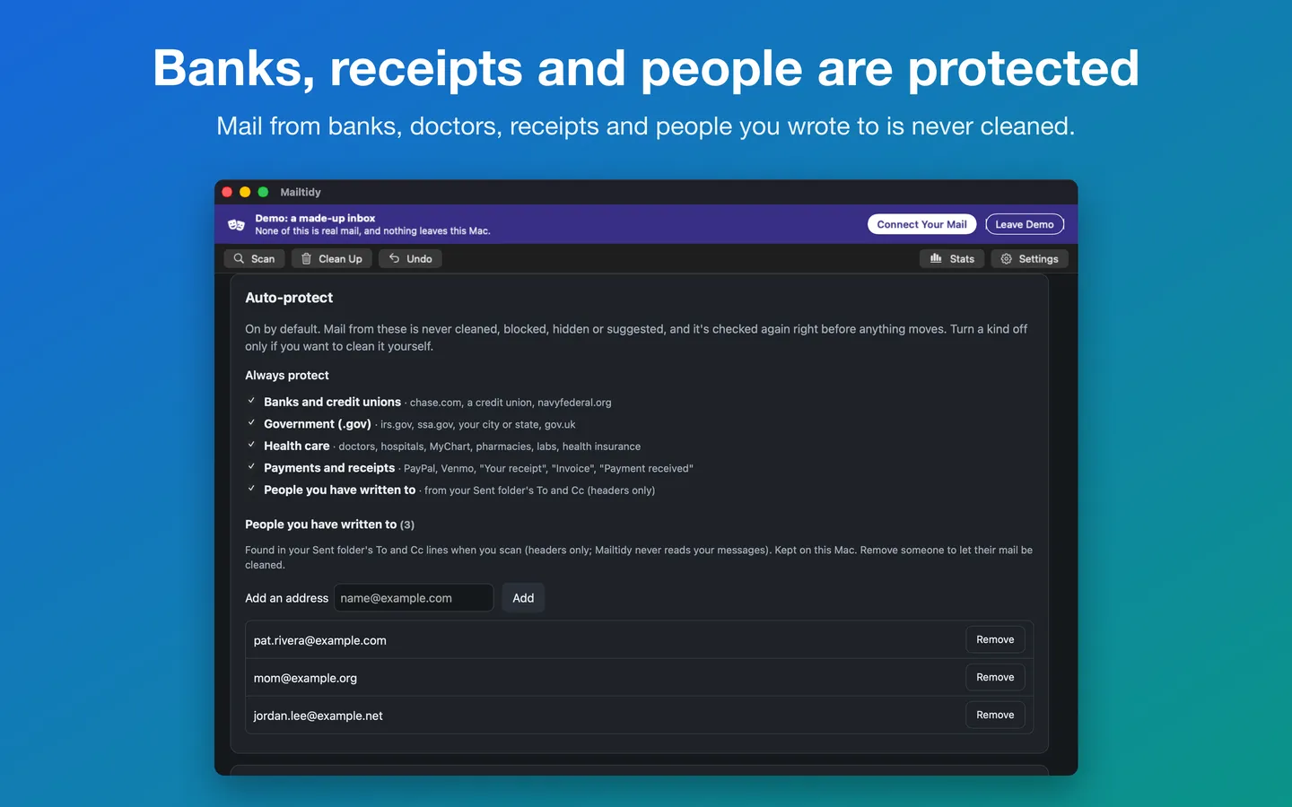 Banks, receipts and people are protected: the Auto-protect settings
