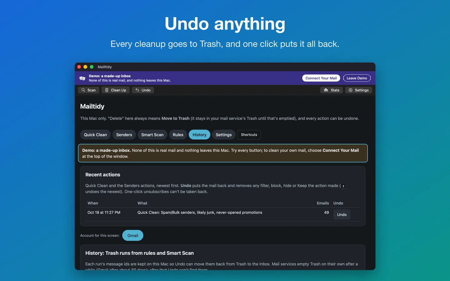 Undo anything: Recent actions with an Undo button for each cleanup