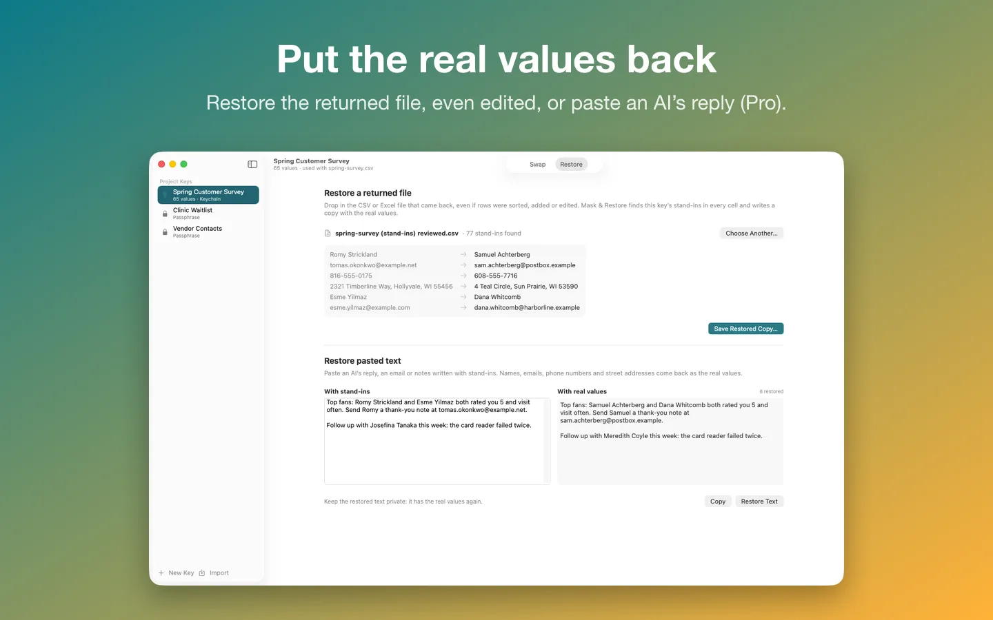 Restoring: an edited copy and a pasted AI reply with the real values put back