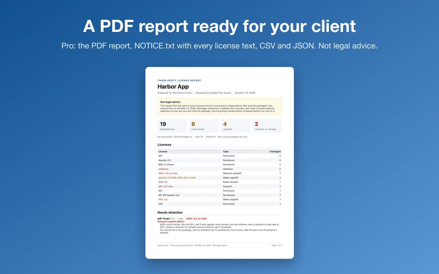 Page 1 of a sample PDF license report: summary, license breakdown and what needs attention