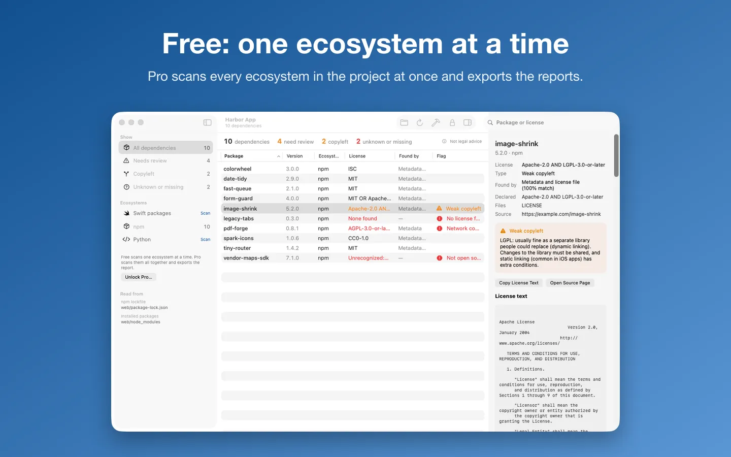 The free version scanning one ecosystem, with a note that Pro scans them all at once