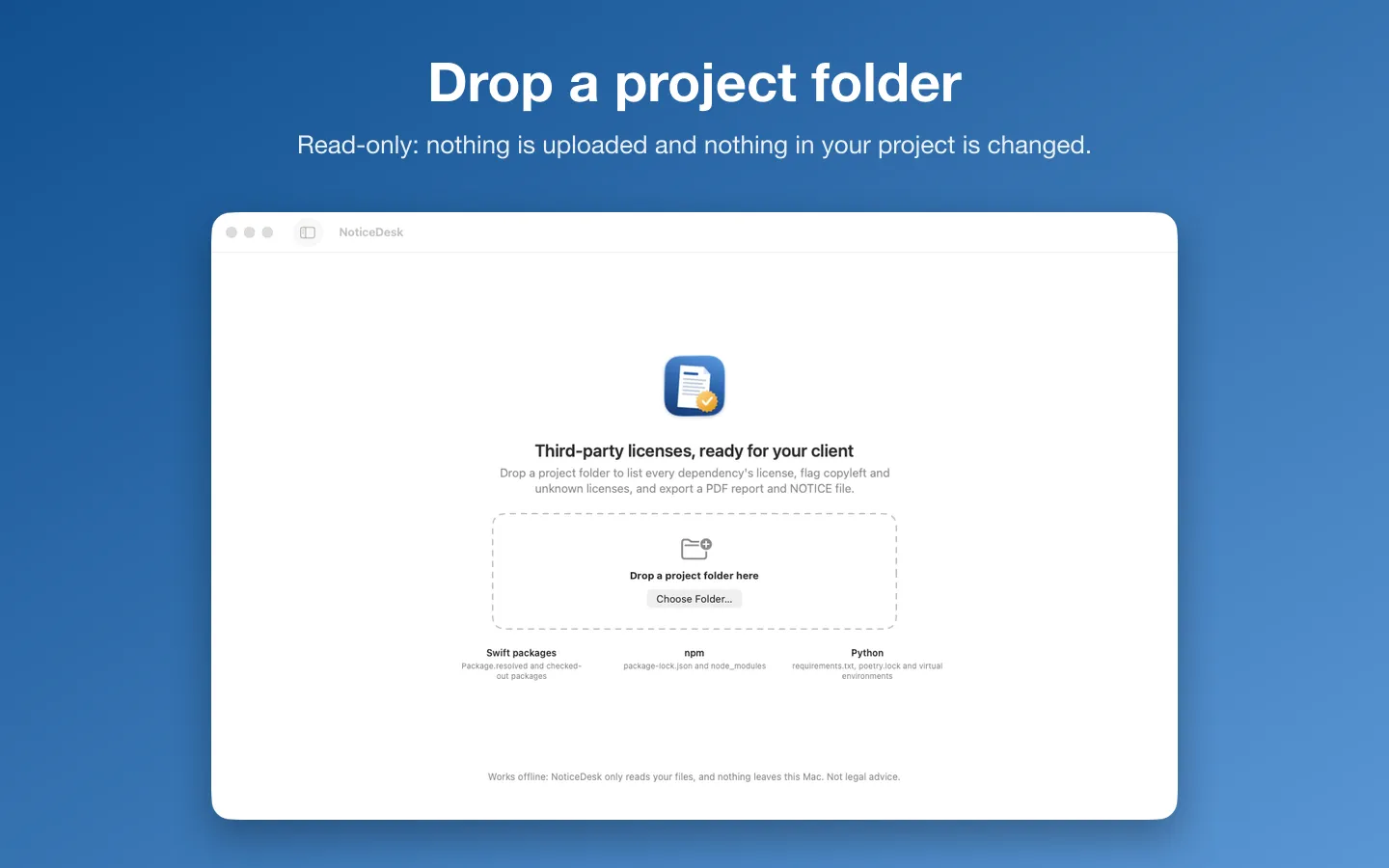 The start screen: drop a project folder; Swift packages, npm and Python are read offline