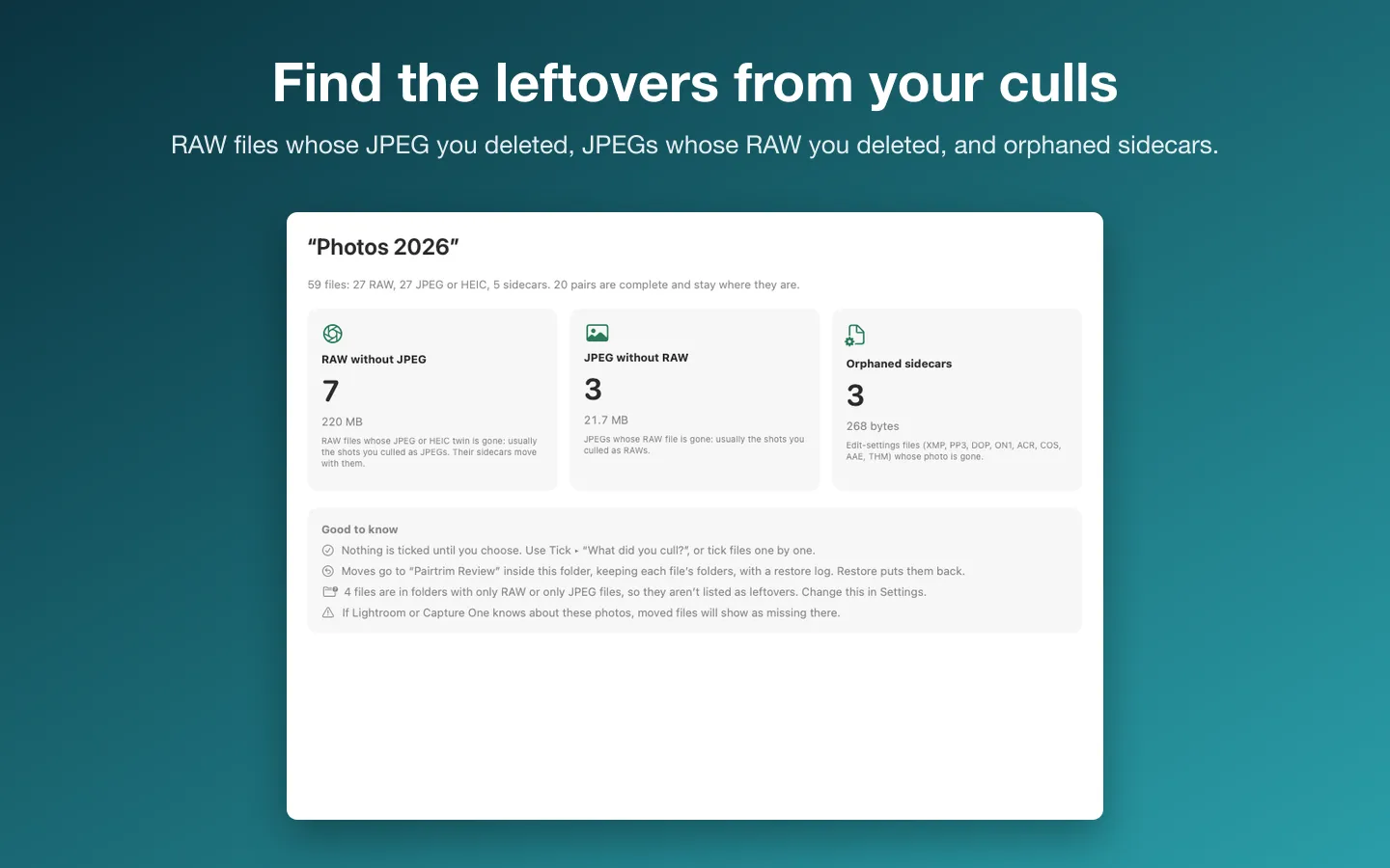 The overview of a made-up Photos 2026 folder: 7 RAW files without a JPEG, 3 JPEGs without a RAW and 3 orphaned sidecars