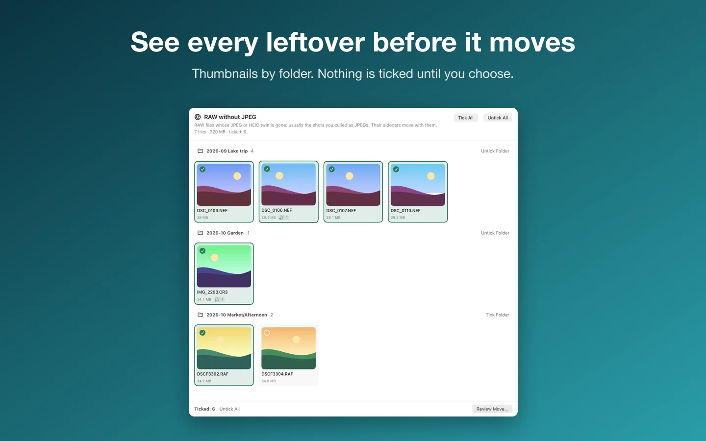 RAW files without a JPEG as thumbnails grouped by folder, six of them ticked
