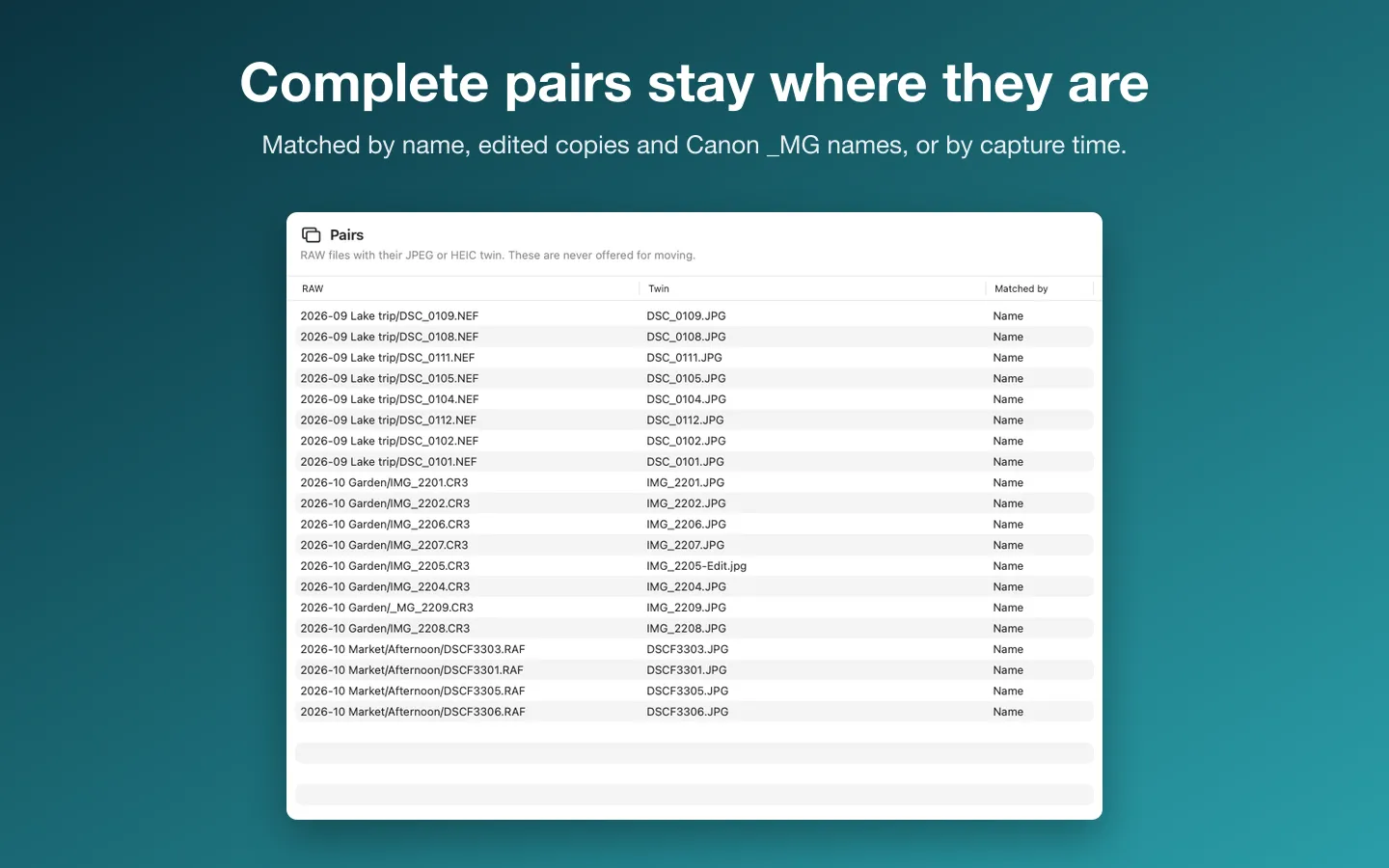Complete RAW and JPEG pairs, listed with how they were matched and never offered for moving