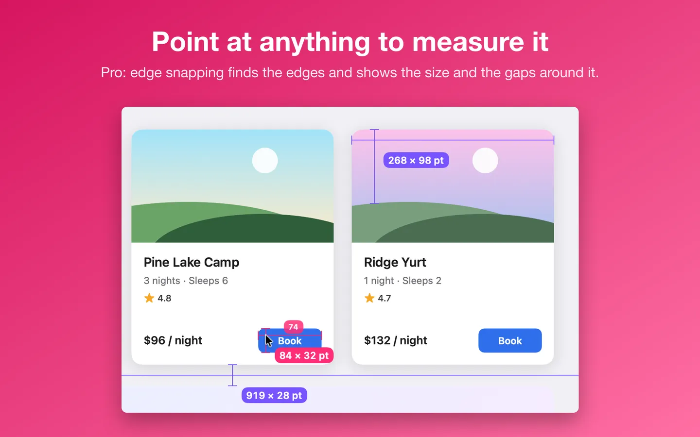 Edge snapping (Pro) measuring a Book button: its size, 84 by 32 points, and the gaps around it