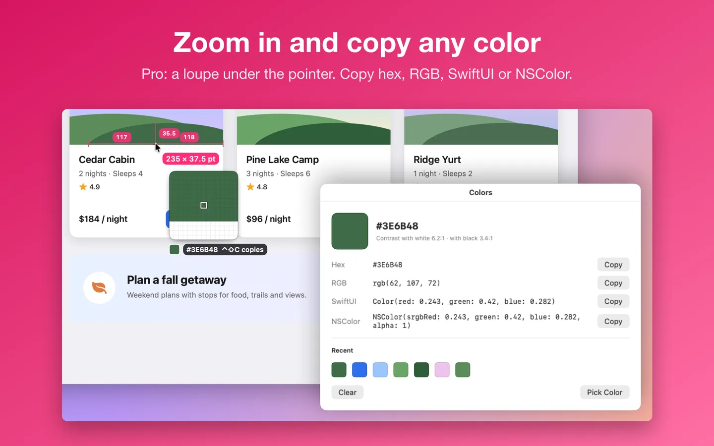 The loupe (Pro) zoomed in on a color, with the Colors panel showing its hex, RGB, SwiftUI and NSColor values