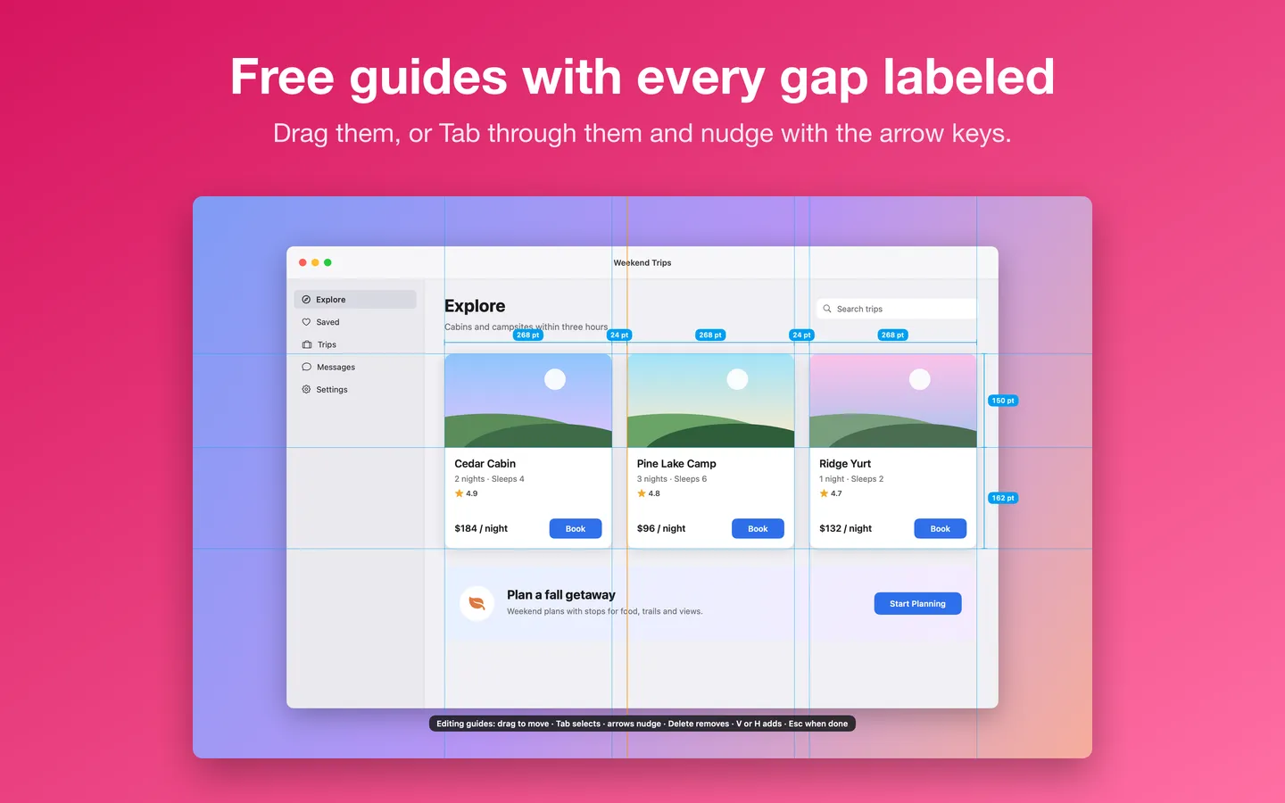 Free guides across an app window, with every gap labeled in points
