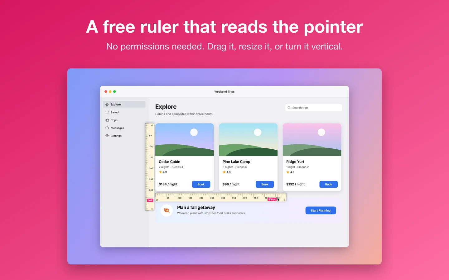 The free horizontal and vertical rulers on an app window, reading the pointer position