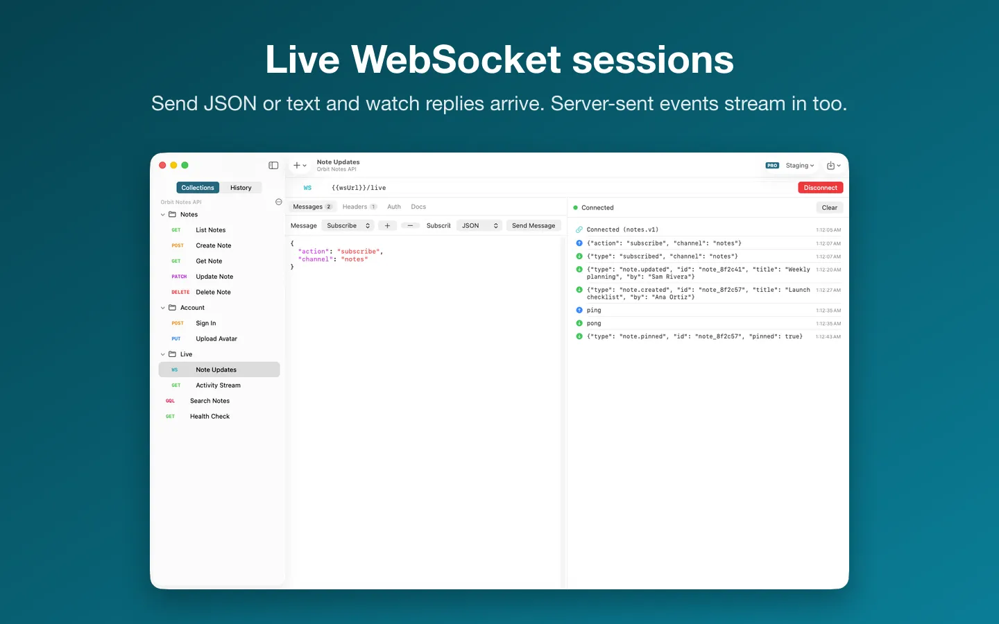 A live WebSocket session with messages sent and received