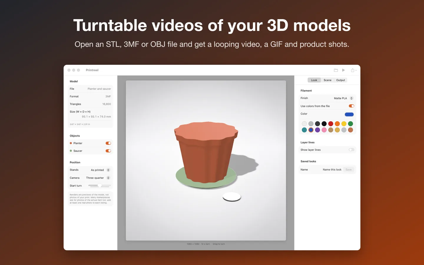 A two-color planter and saucer from a 3MF file on a turntable, with the model size, objects and filament settings