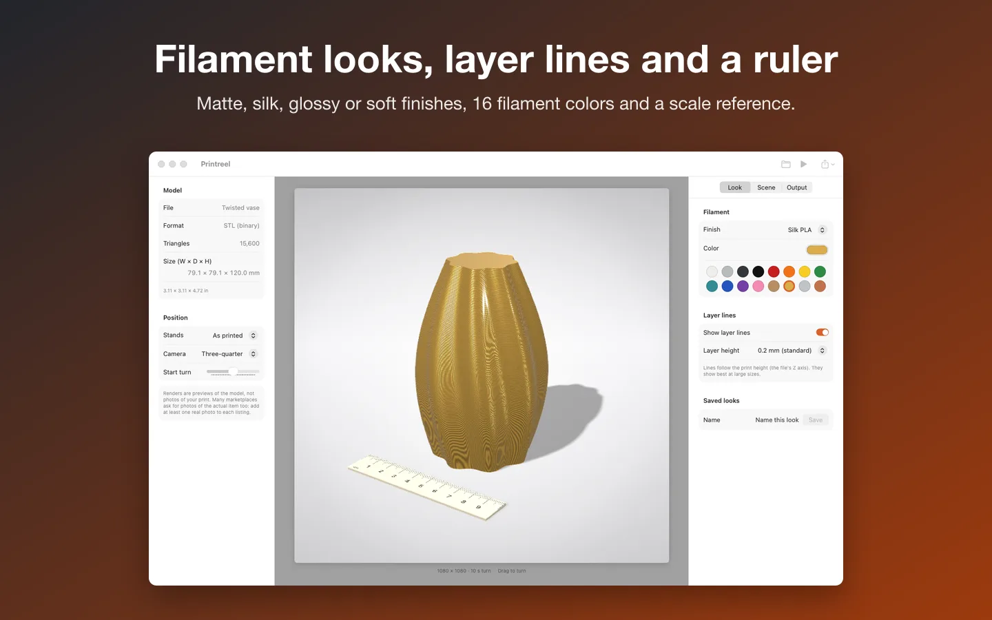A twisted vase in gold silk PLA with layer lines and a millimeter ruler for scale