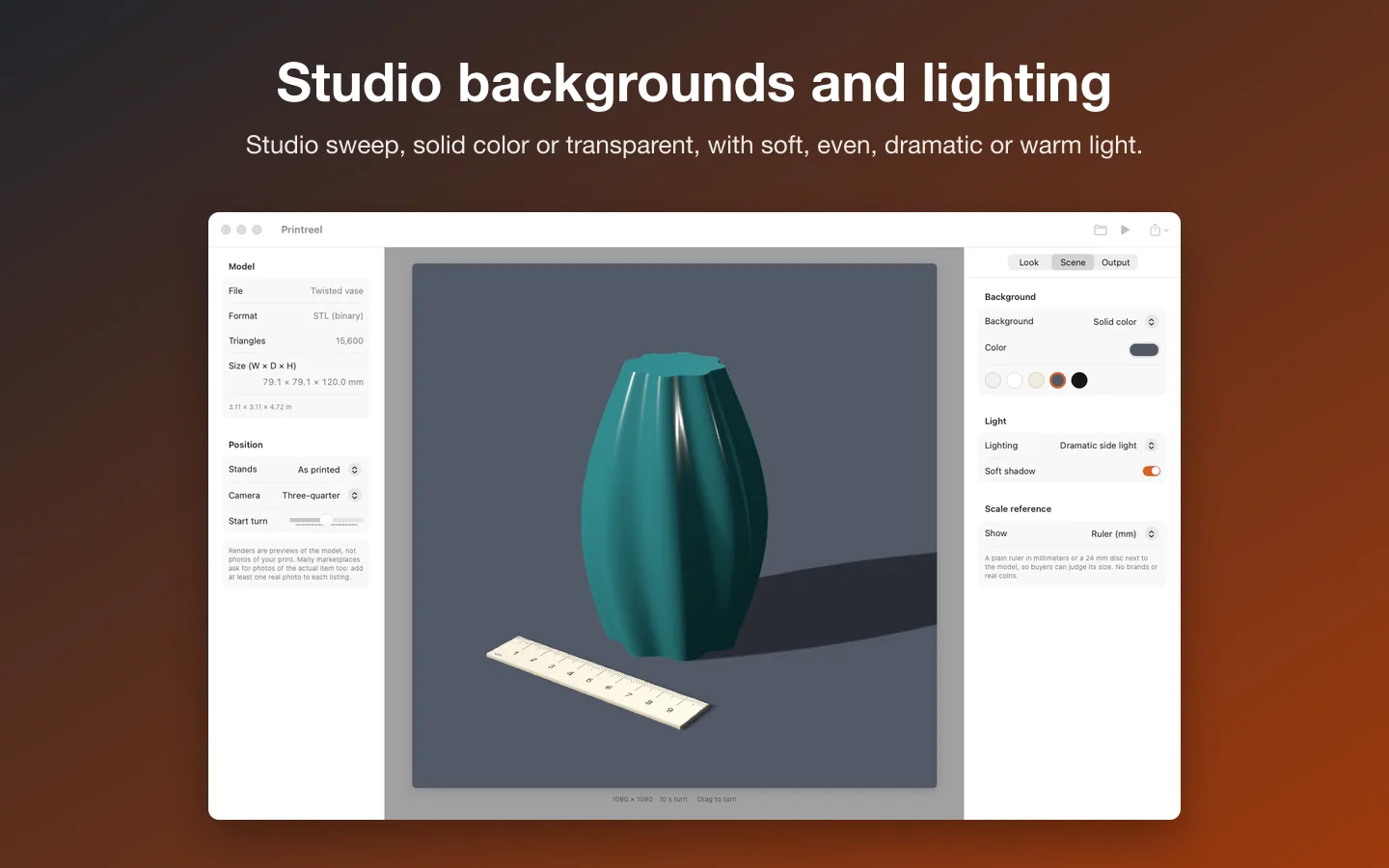 The vase in glossy teal on a slate background with dramatic side light and a soft shadow