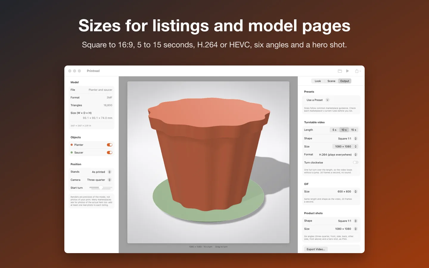 The Output tab: presets, video length, shape, size and format, GIF size and product shot settings
