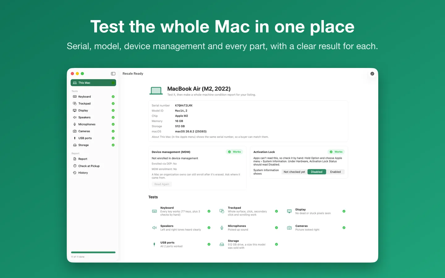 The overview: serial, model, device management and a result for every part of the Mac