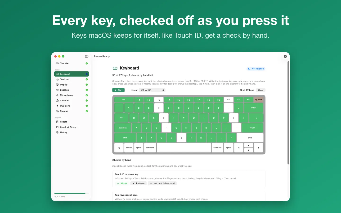 The keyboard test: keys turn green on a diagram as they're pressed