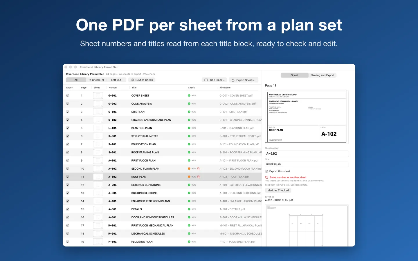 A made-up 24-sheet library permit set read into a table of sheet numbers, titles and file names, with a duplicate number flagged