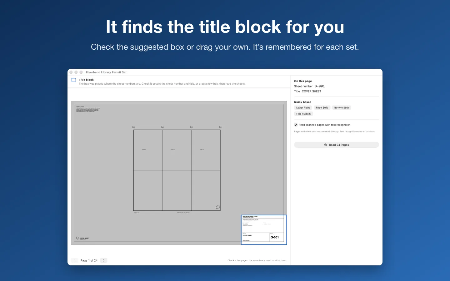 The suggested title-block box drawn on the cover sheet, with the sheet number and title it reads