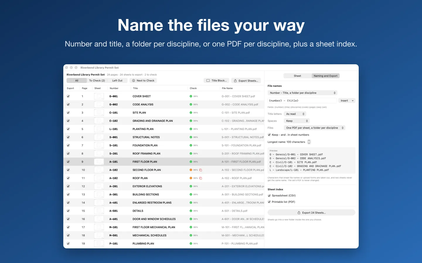 Naming and Export: number and title, a folder per discipline, a preview of the file names and the sheet index options