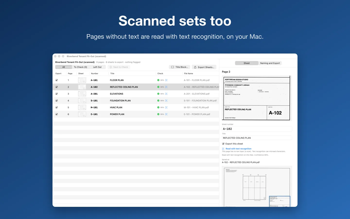 A scanned six-sheet set read with text recognition