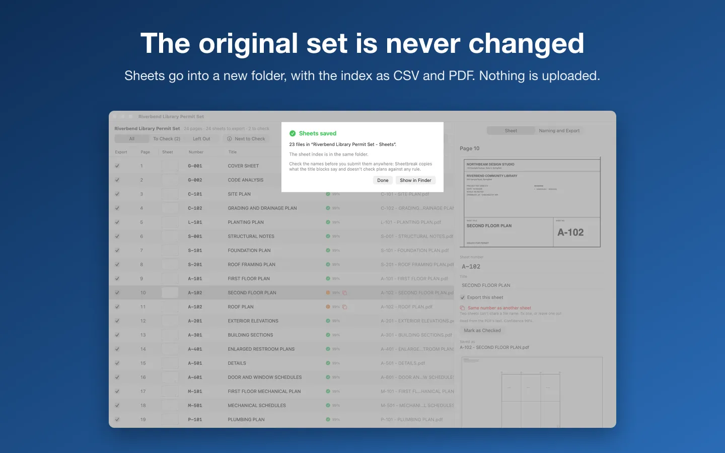 Sheets saved into a new folder with the sheet index