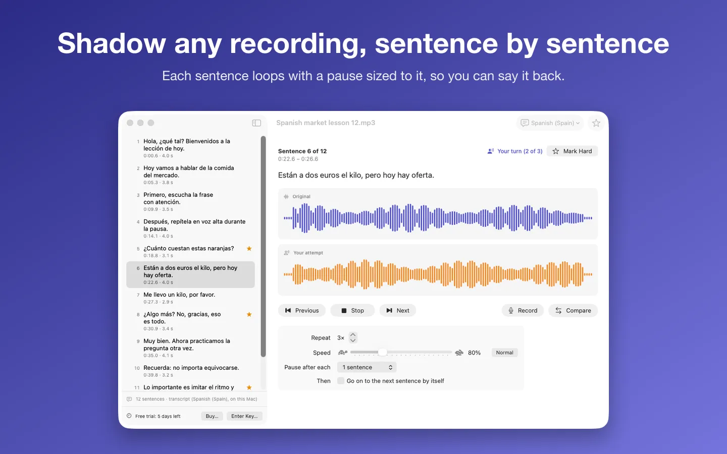 A Spanish lesson split into 12 sentences, sentence 6 looping, with the original and your attempt as waveforms