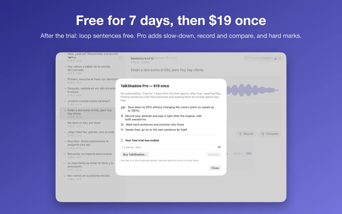 The Pro window after the trial: slow-down, record and compare, hard marks, and the license key field