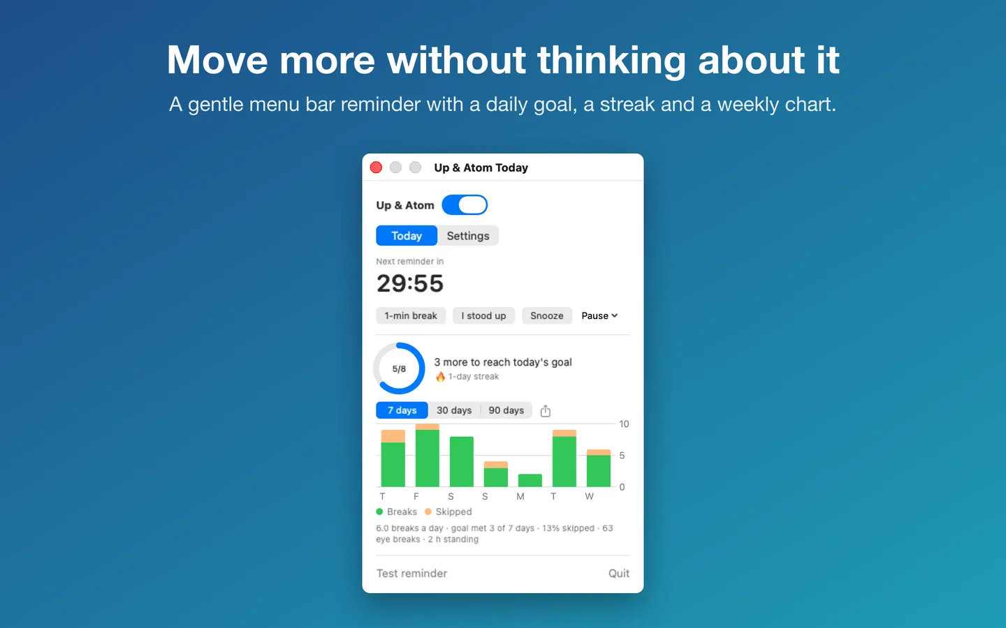 Up & Atom's Today panel: next-reminder countdown, the daily goal ring and a 7-day chart