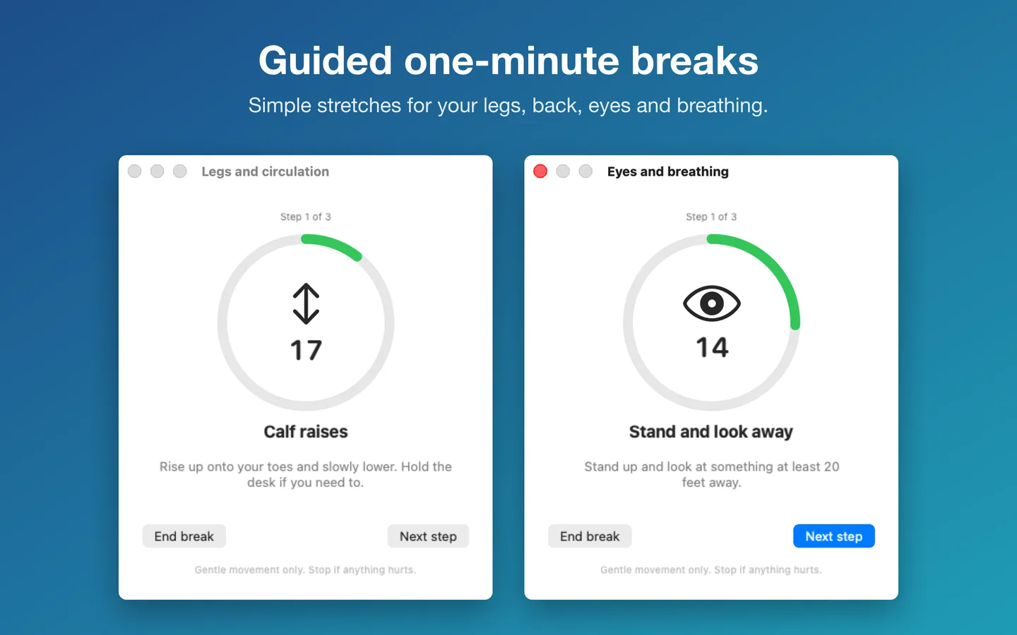 Two guided one-minute breaks with timers: calf raises, and standing to look into the distance