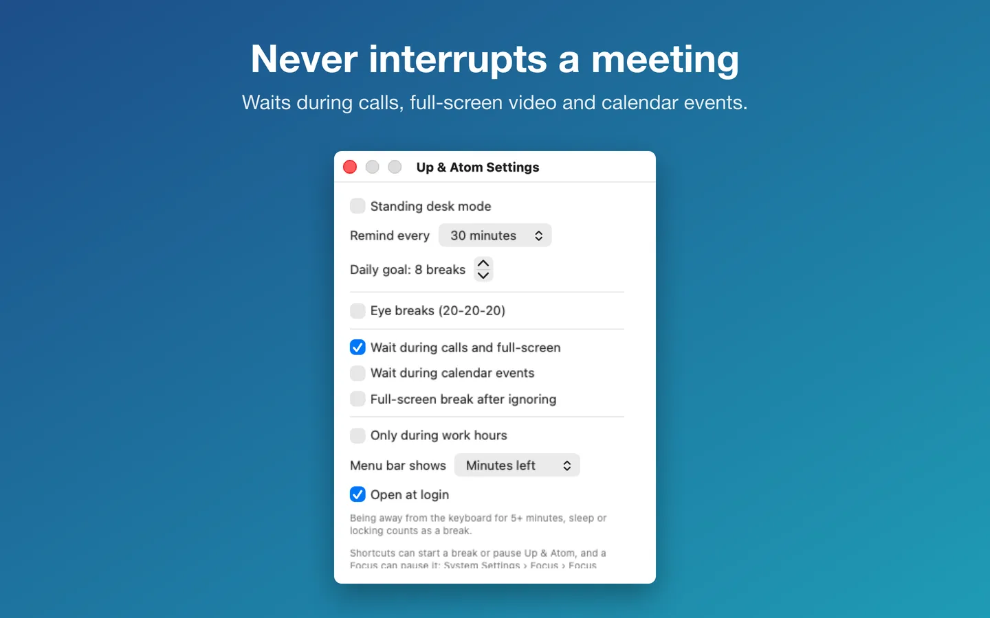 Settings: reminder interval, daily goal, and waiting during calls, full-screen video and calendar events