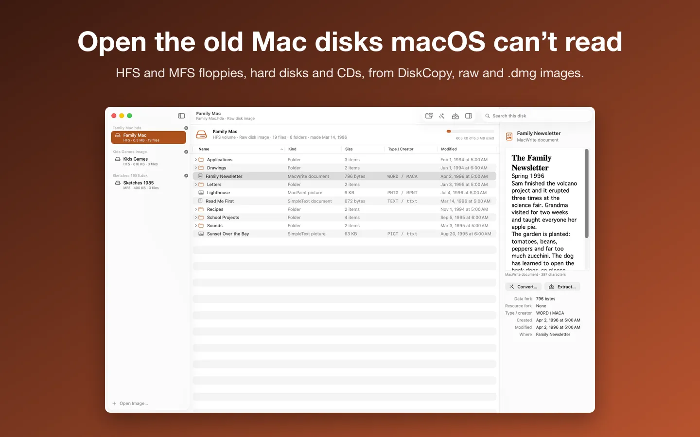 A made-up 1996 family hard disk image open in Vintage Disk Reader: three disks in the sidebar, the folders and files with their kinds and type and creator codes, and a MacWrite newsletter in the preview