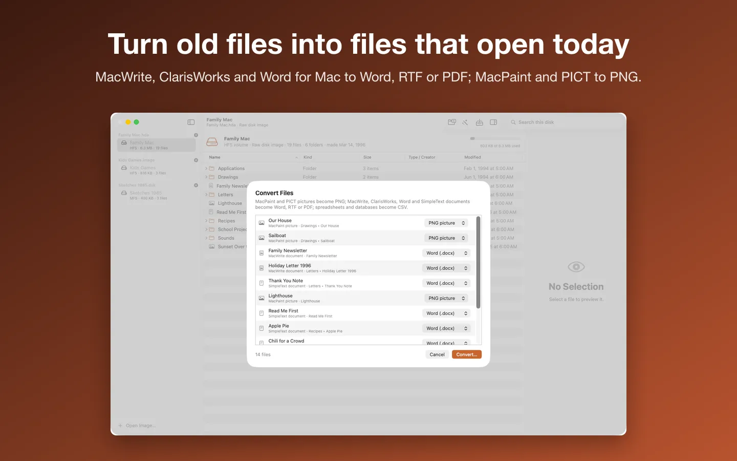 The Convert Files sheet listing MacPaint pictures as PNG and MacWrite and SimpleText documents as Word