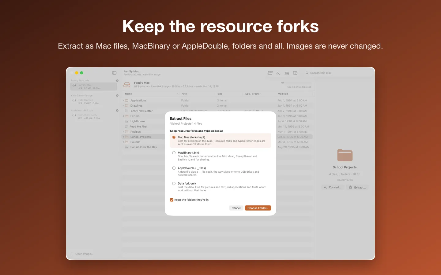 The Extract Files sheet: keep resource forks as Mac files, MacBinary, AppleDouble or the data fork only, with the folders kept