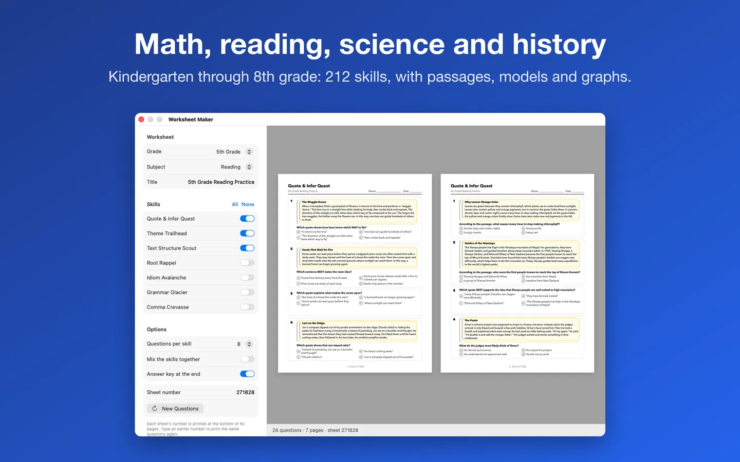 A 5th grade reading worksheet with passages and multiple-choice questions